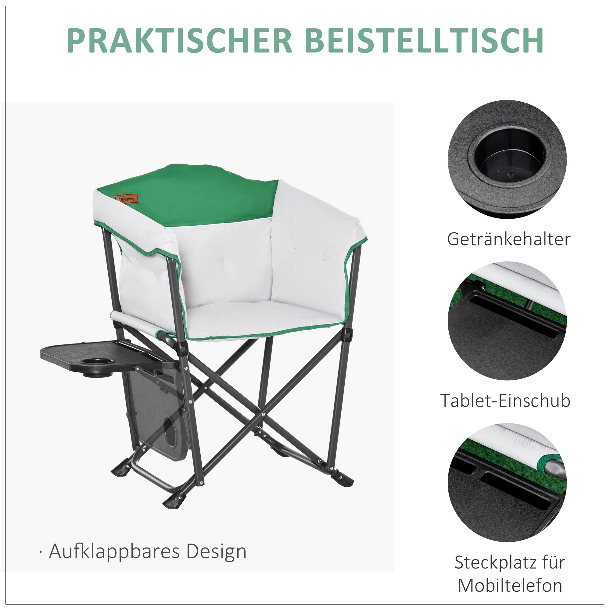 Outsunny Campingstuhl mit Getränkehalterung weiss, grün 83 x 64 x 90 cm (LxBxH)
