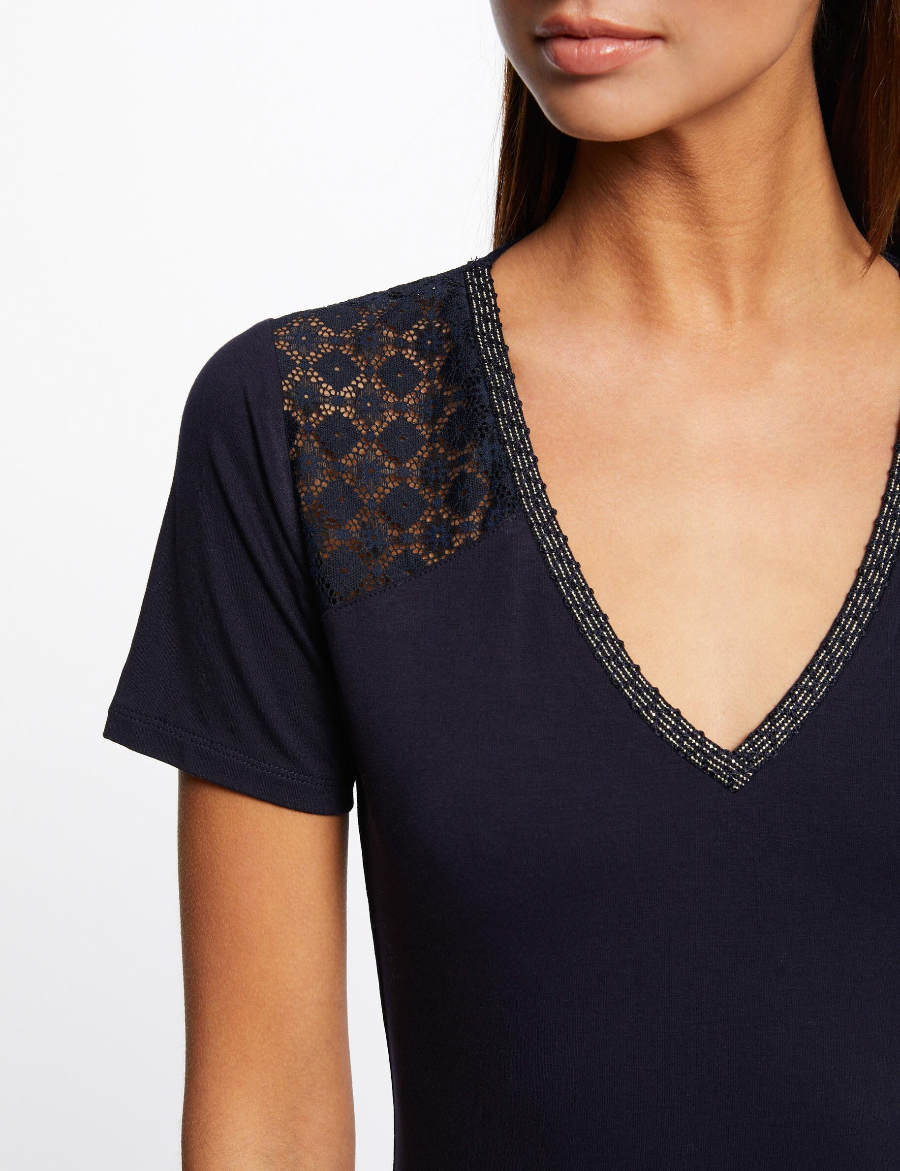 T-shirt manches courtes à dentelle marine femme - marine