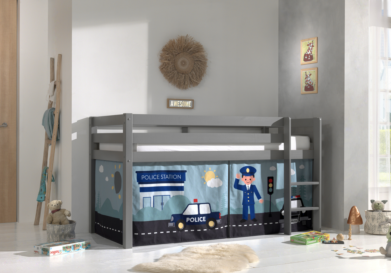 Halbhochbett PINO - POLICE - Kiefer grau Massivholz - 90x200 cm