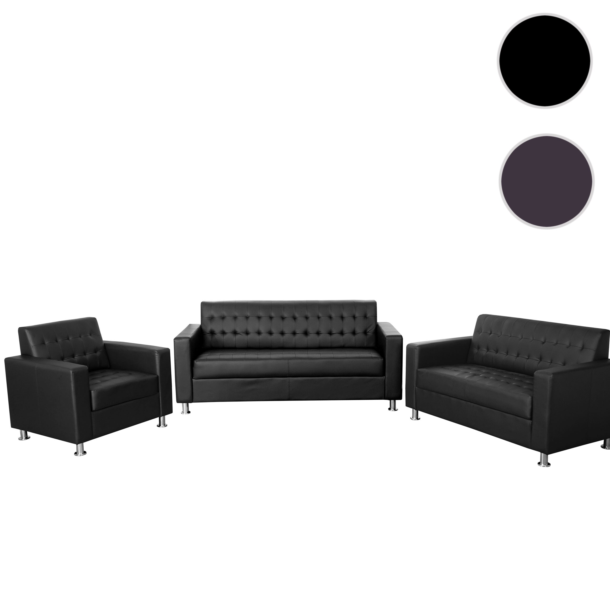 3-2-1 Sofagarnitur Pori, Couch Loungesofa Kunstleder, Metall-Füße ~ schwarz
