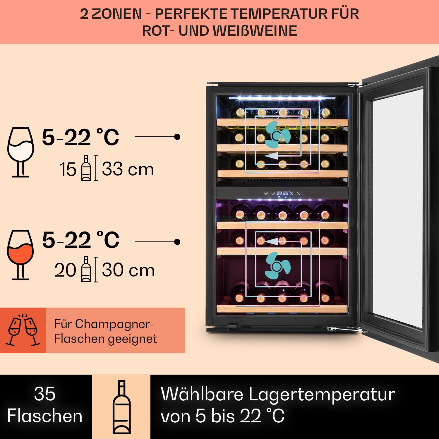 Vinsider 35D Einbau-Weinkühlschrank 128 Liter 41 Weinflaschen 2 Zonen