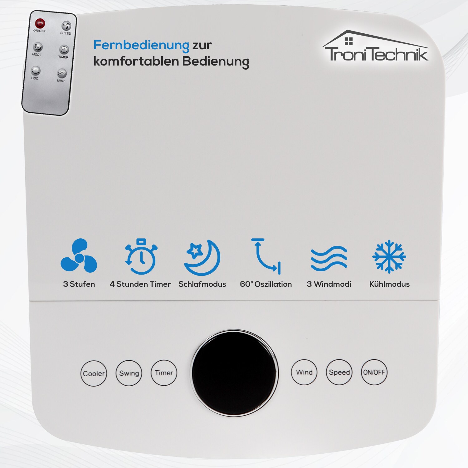 TroniTechnik® Mobiles Klimagerät 3in1 Klimaanlage Luftkühler LK04 Ventilator, inkl. Fernbedienung und Filter, 4in1 Kühler