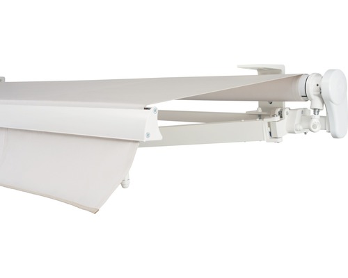 SOLUNA knikarmscherm Proof 2,5x2 Stofdesign 6020 Frame RAL 9010 Zuiver Wit Aandrijving rechts incl. slinger