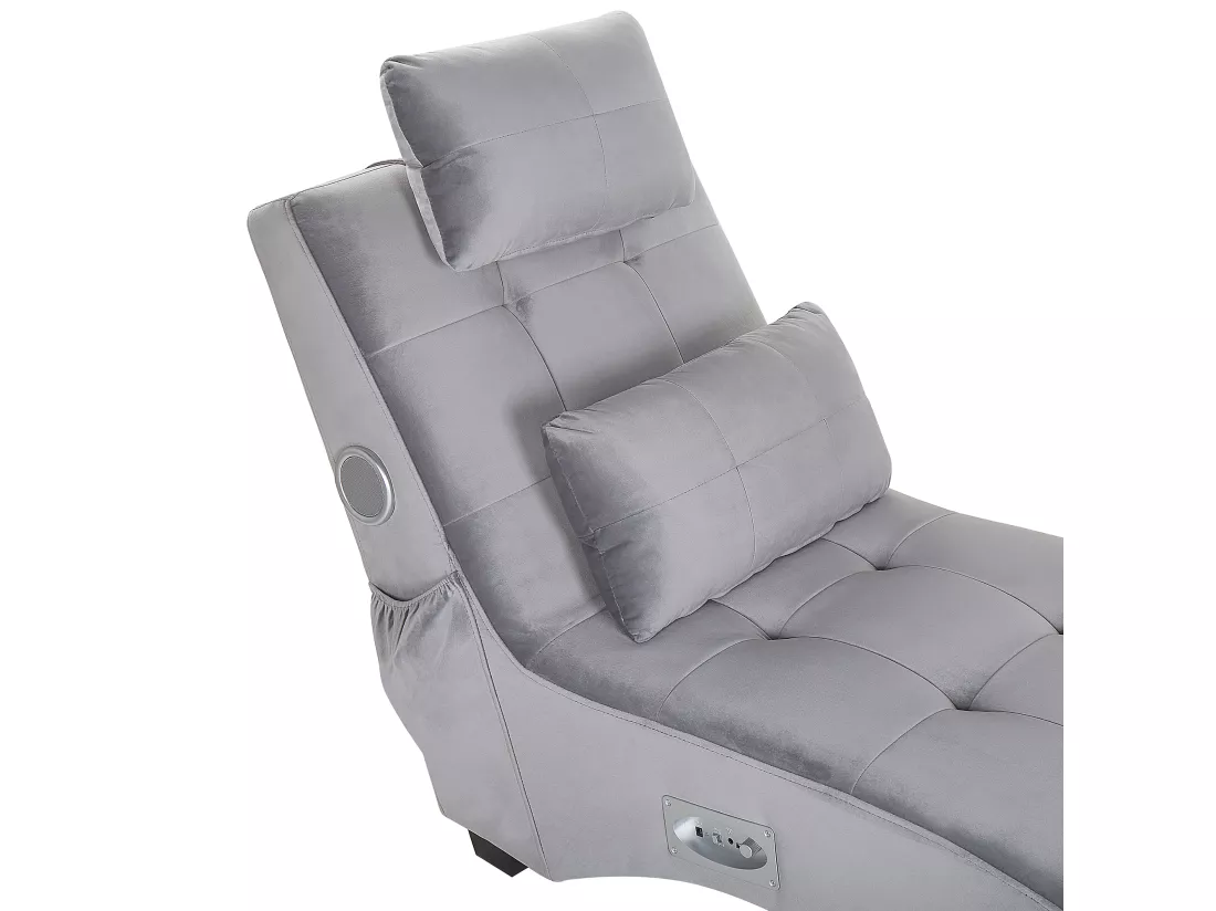 Chaise longue en velours gris clair avec haut parleur Bluetooth et port USB SIMORRE