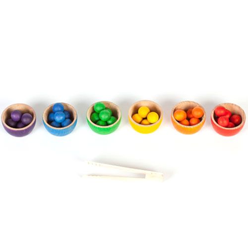 Grapat 6 houten bakjes met 36 knikkers en tang 15-106