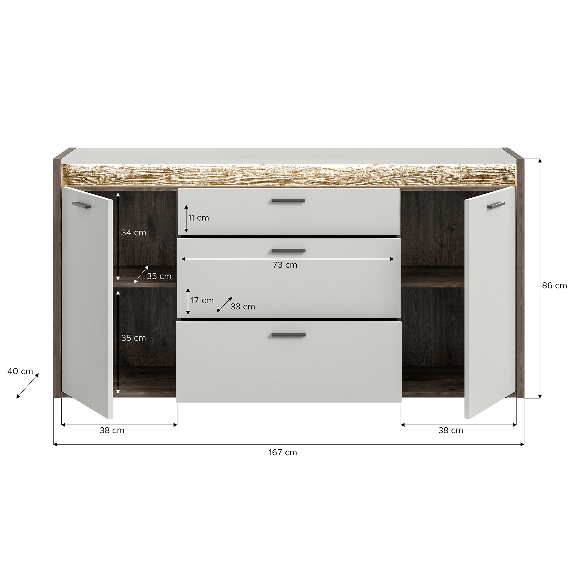 Sideboard FALCONA - hellgrau - Nox Oak - dimmbare Frontbeleuchtung