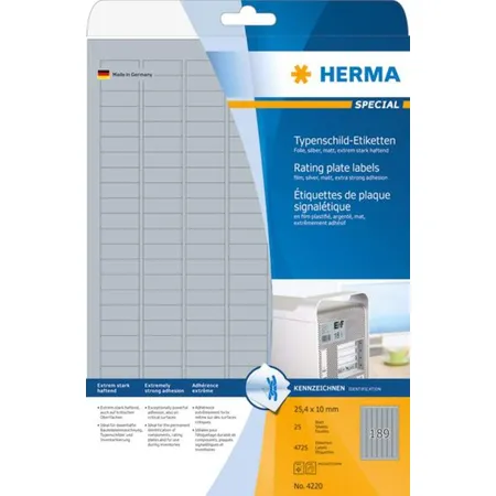 HERMA Typenschildetiketten, silber, extrem stark haftend, 25 x 10mm, 4725 Stück
