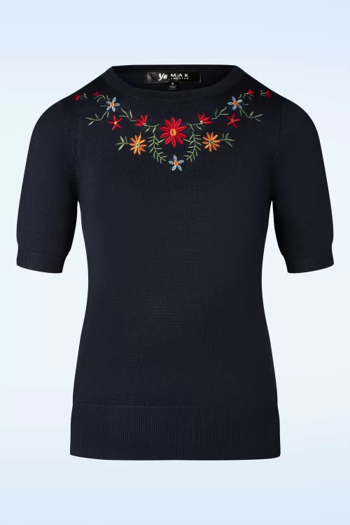 Mak Sweater Julie Bloemen top in Marineblauw