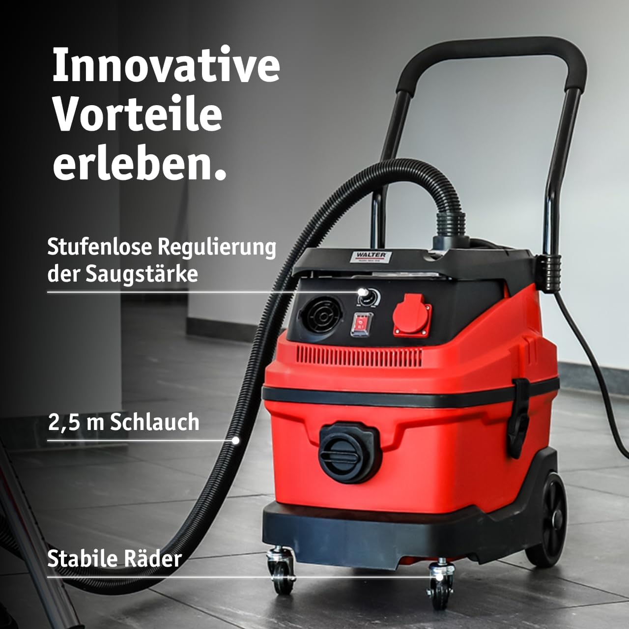 WALTER Industriestaubsauger 3-in-1 mit Wasserfilter, 1600 W, 230 V, Nass- & Trockensauger, mit Steckdose für Synchronbetrieb, Starke Saugleistung bis zu 18 KPa, inkl. umfangreichen Zubehör-Set