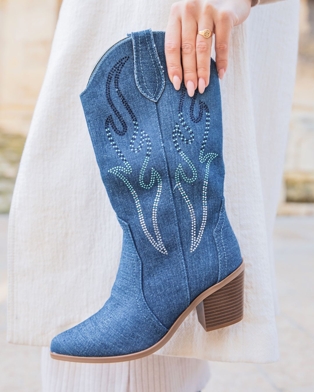 Bottes femme denim blue jeans santiags à talon - Mona