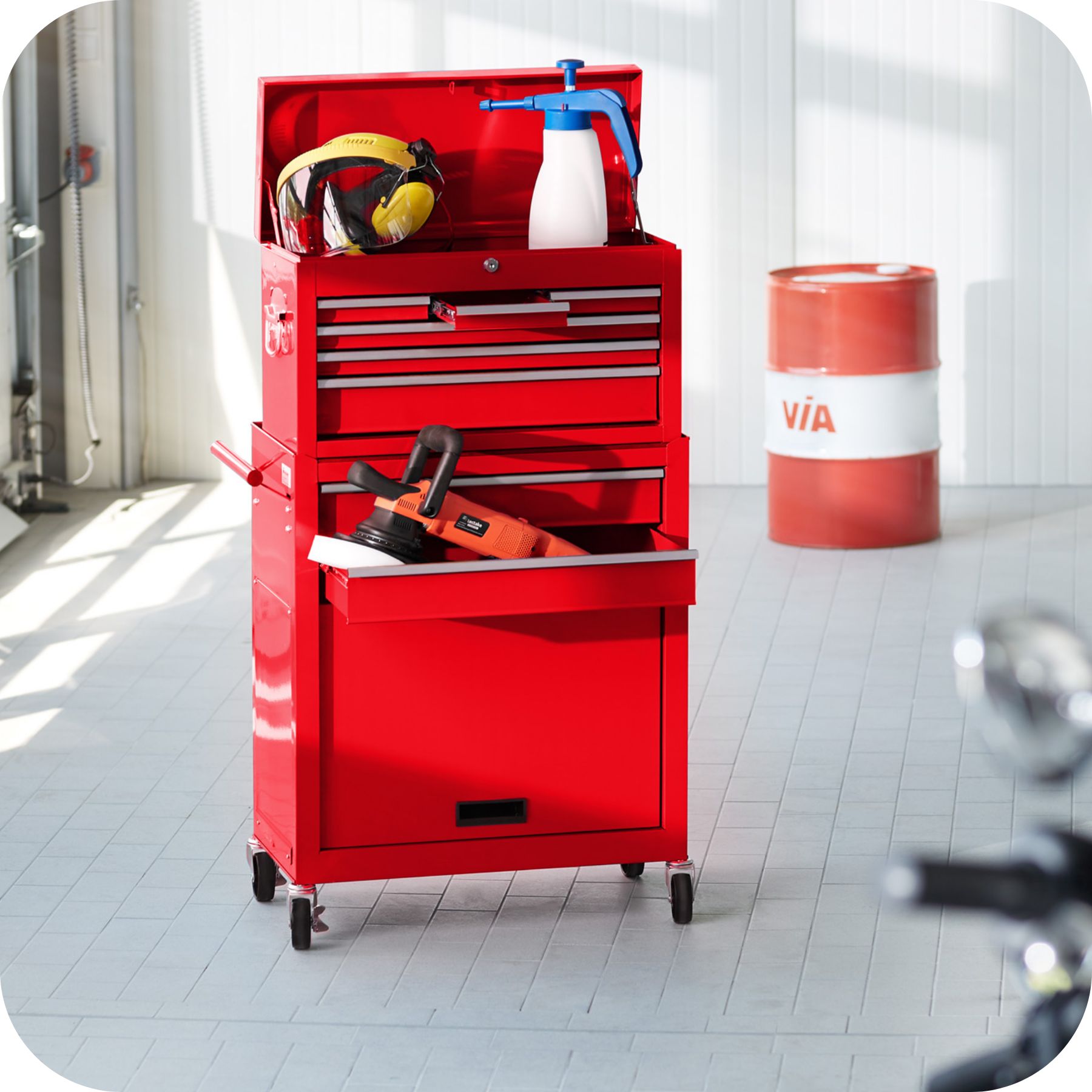 tectake® Werkzeugwagen, 8 kugelgelagerte Schubladen mit Antirutschmatten, großes Klappfach, mobiler Kofferaufsatz mit zentraler Sicherheitsverriegelung, Rollen Ø 100 mm