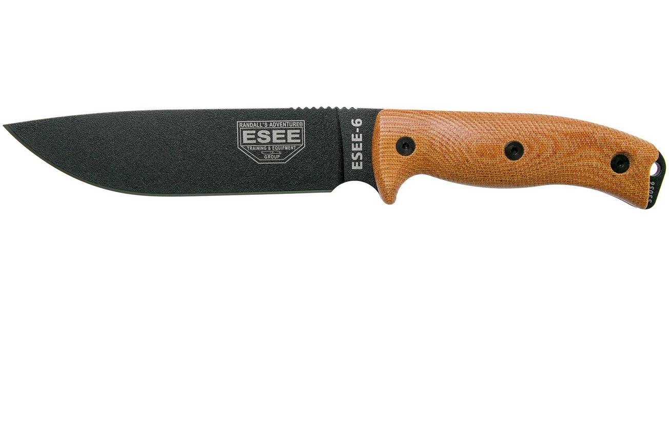 ESEE Model 6 Black Blade 3D Natural Canvas Micarta survivalmes 6PB-011 zwarte schede   clip plate