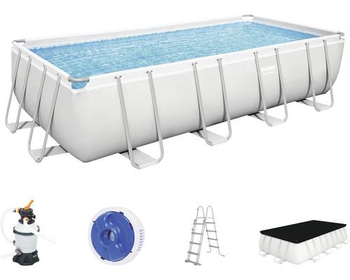 Opbouw zwembadset Bestway rechthoekig 488x244x122 cm inclusief zandfiltersysteem, ChemConnect doseersysteem, ladder en afdekking grijs