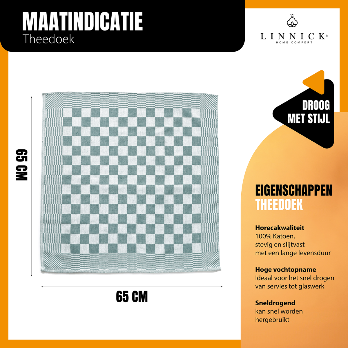 LINNICK Theedoekenset Blok 65x65cm - donker groen - set van 10