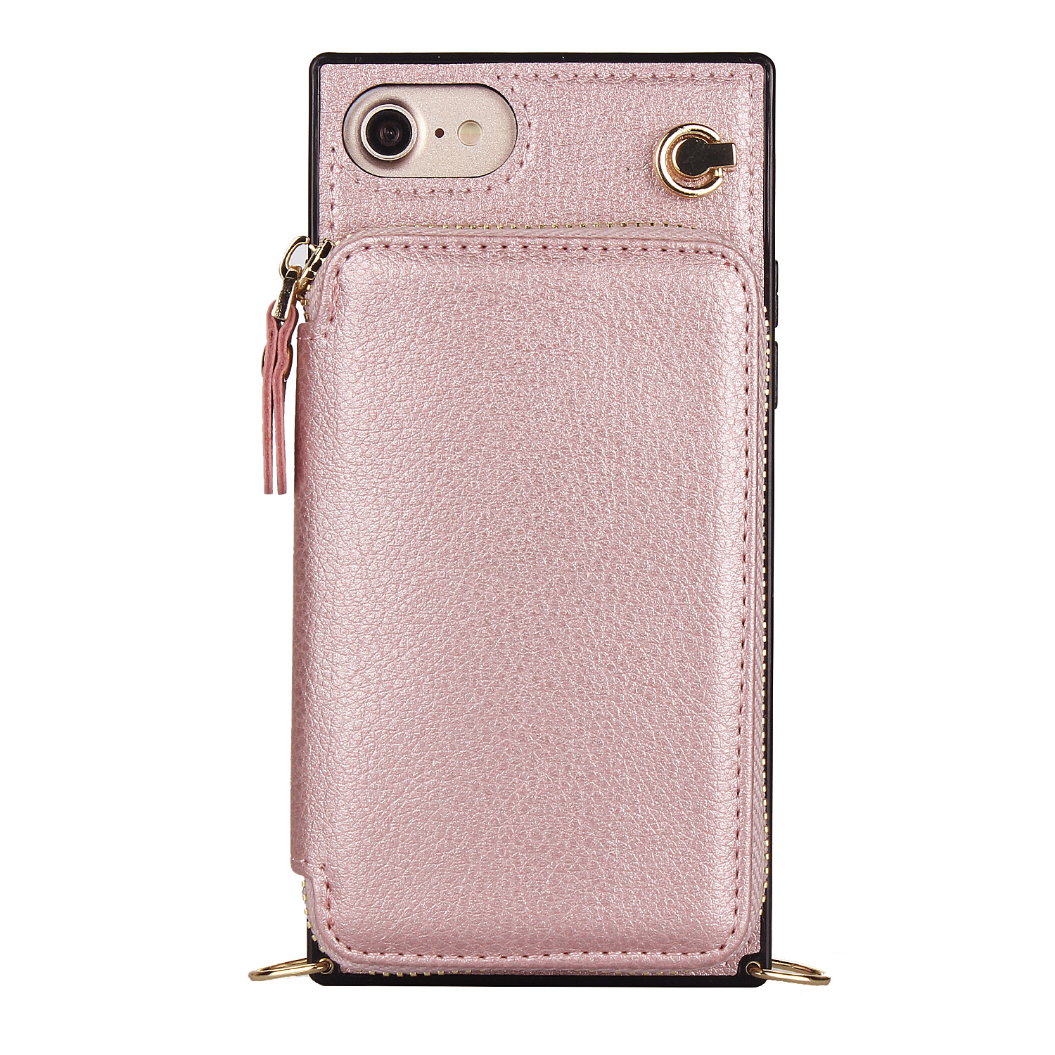 iPhone SE (2022/2020) / 8 / 7 / 6S Necklace Leder Schutz Hülle mit Kartenfächer   Handykette (140cm) - Roségold
