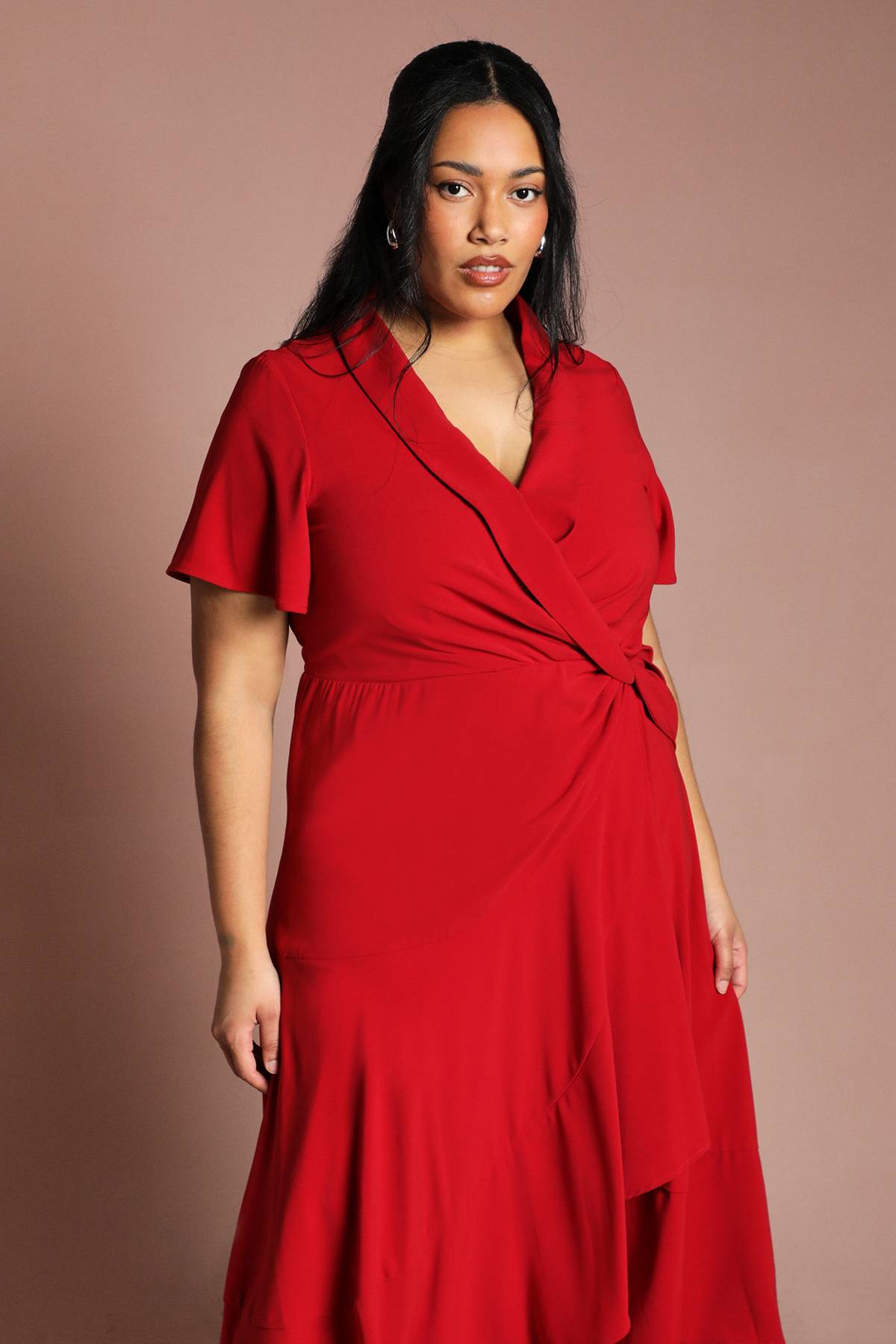Coast Robe Midi Grande Taille à Col Châle et Ourlet Volantés avec Manches Évasées