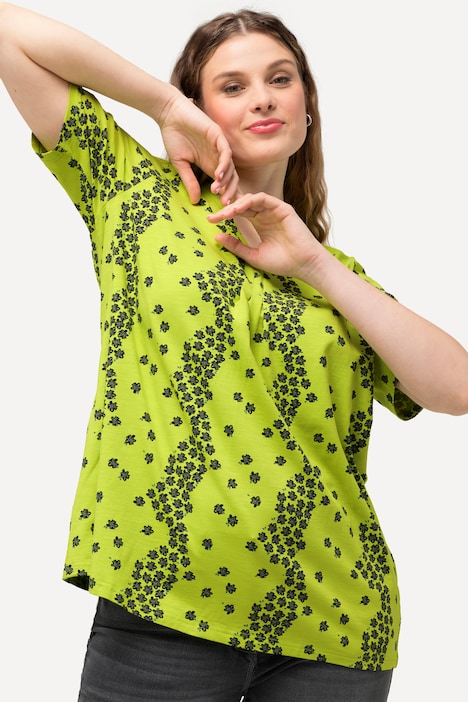 T-Shirt, Blüten, Zierfalten, V-Ausschnitt, Halbarm