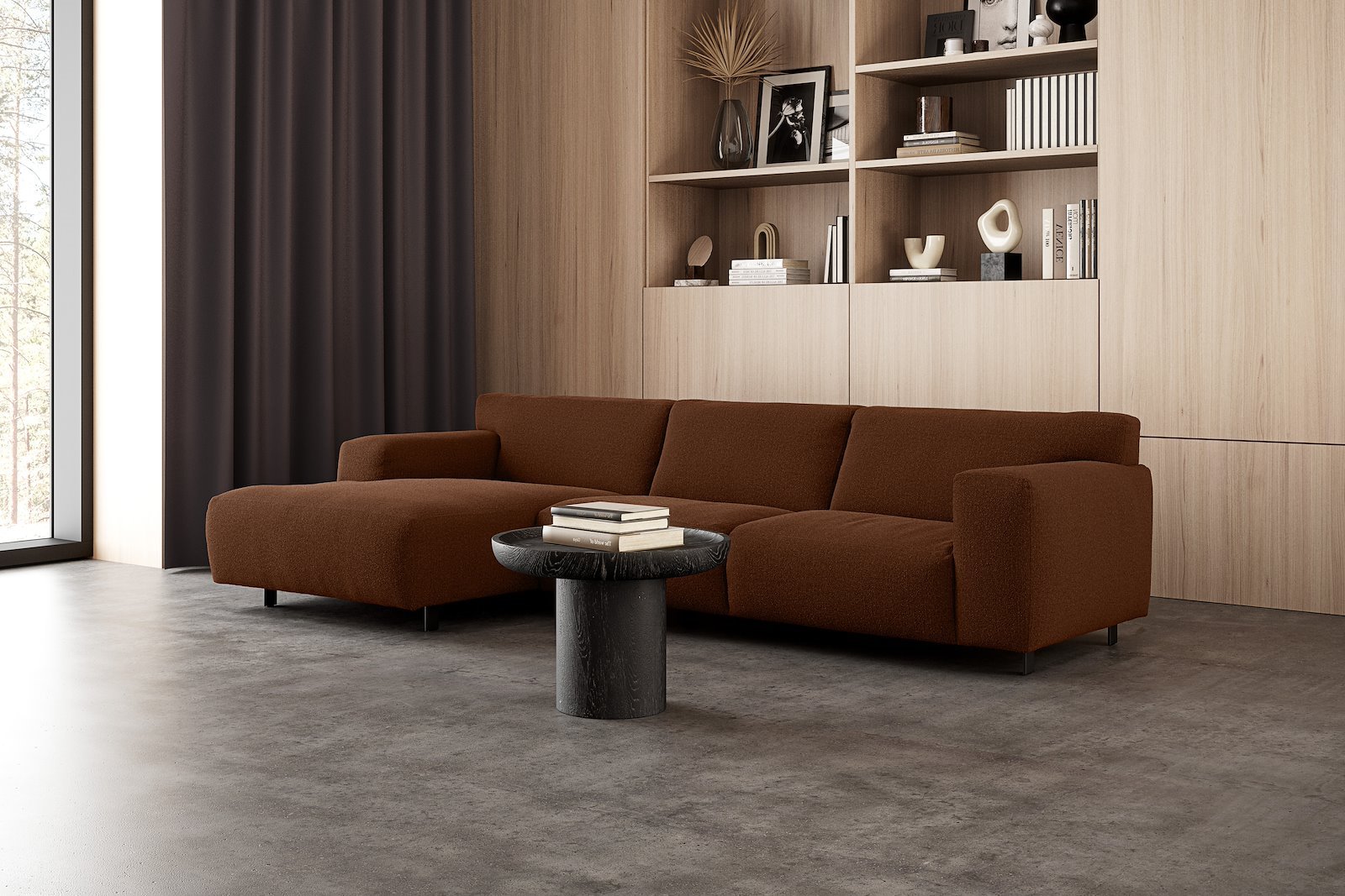 Vesta 2,5-seter med sjeselong venstre I Tekstil Gianni Bronze, standardsøm, sort metallben 10 cm, Comfort CM