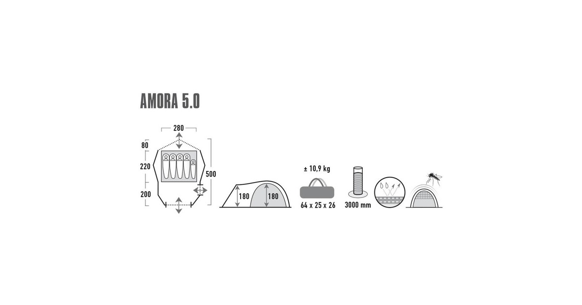 High PeakAmora 5.0 tent  (Lichtgrijs/rood)
