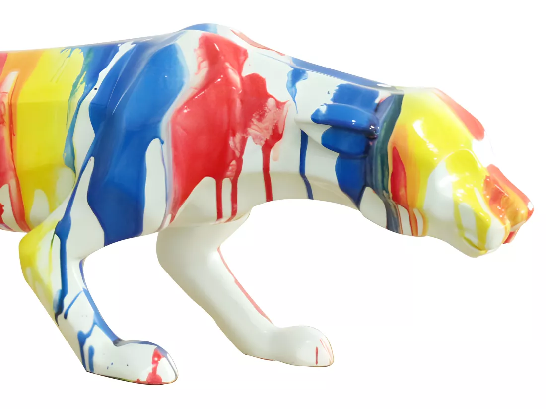 Statue panthère avec coulures peintures multicolores L85 cm - BAGHEERA