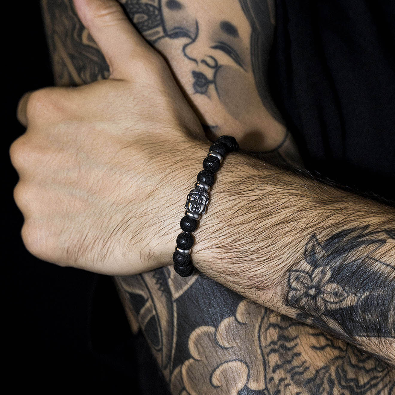 Jacobson Bracelet Bouddha en Acier & Pierres de Lave noires