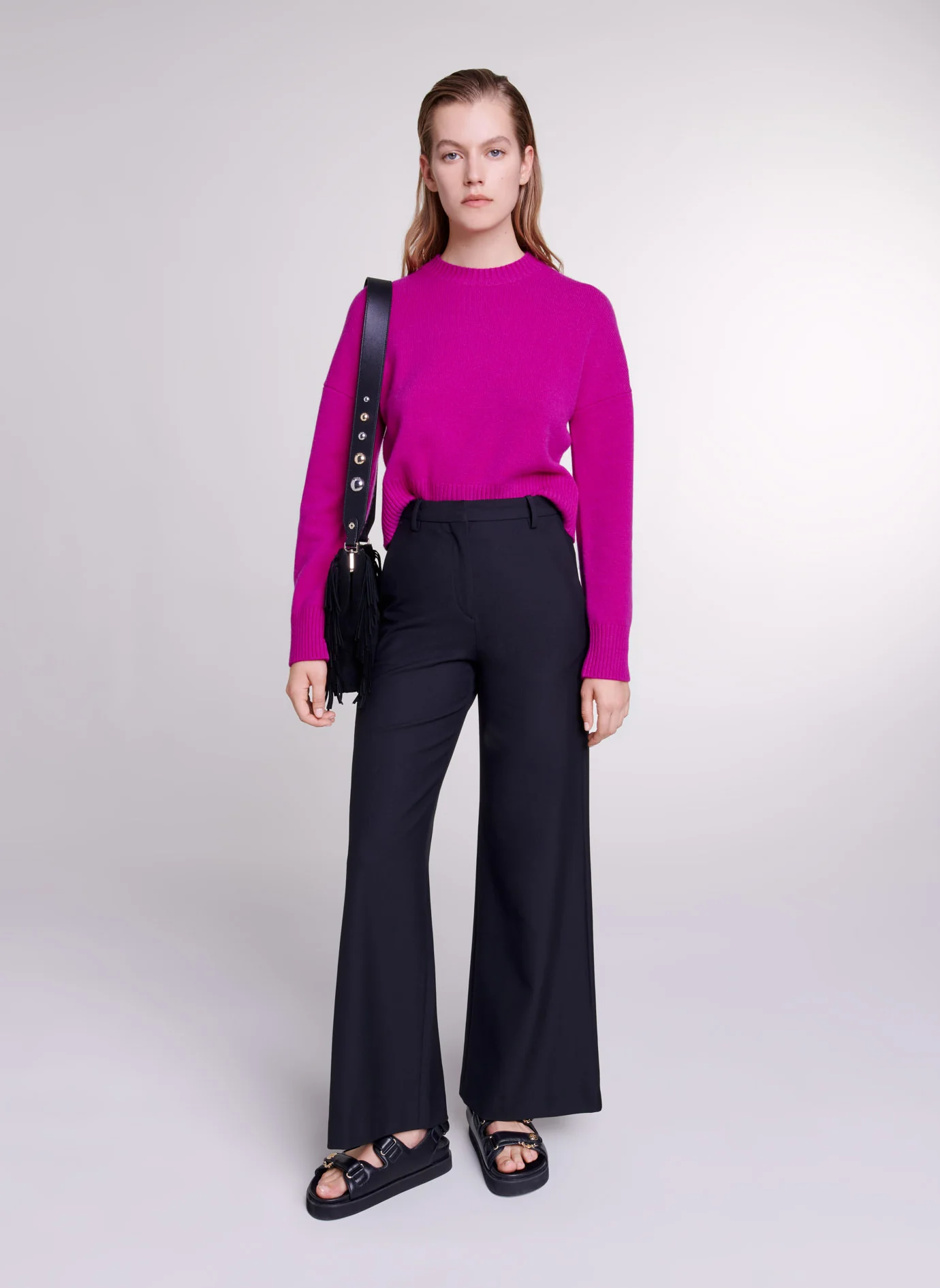 Pantalon flare en laine mélangée | Noir