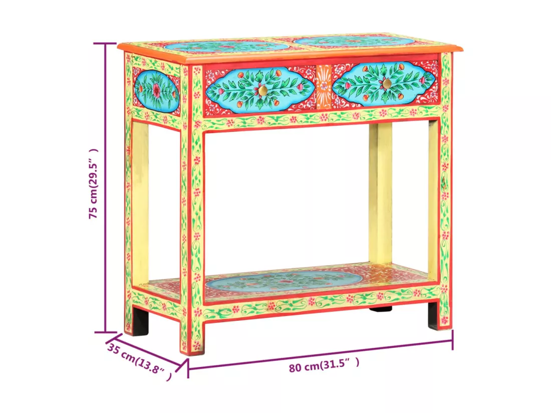 Table console peinte à la main 80x35x75 cm Bois de manguier