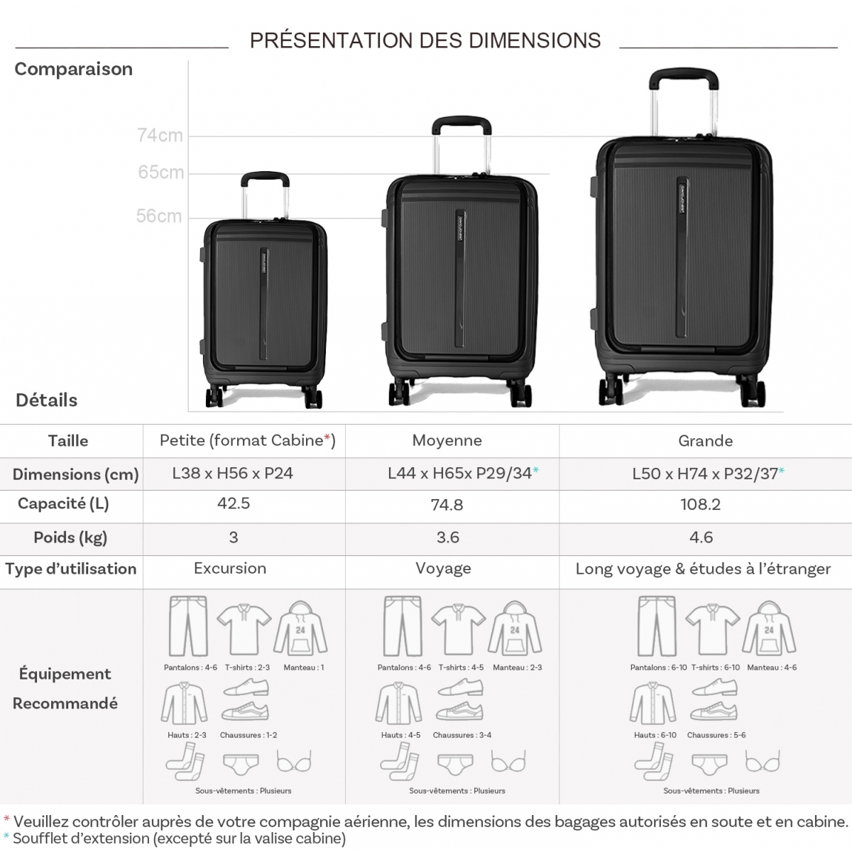 David Jones Lot 3 valises rigides extensibles dont 1 cabine porte-ordinateur 17