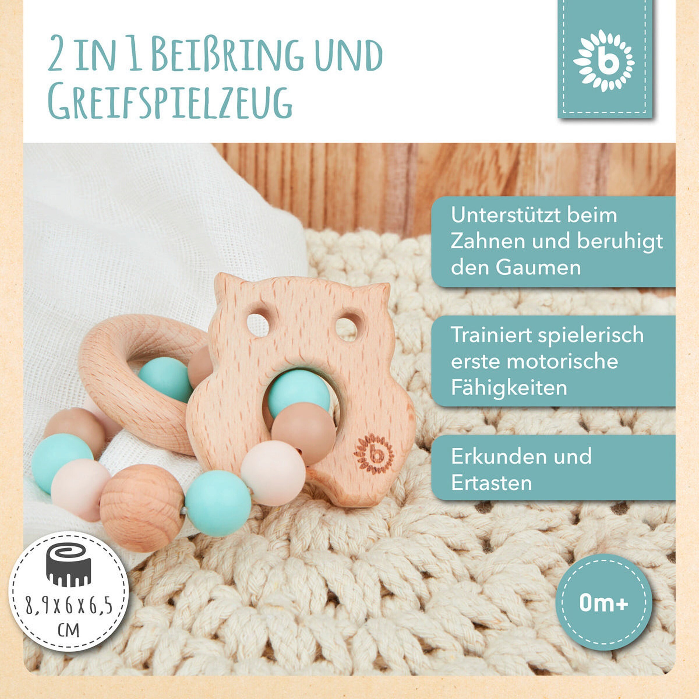 Bieco Greifling Holz Natur mit Silikon Kugel Eule - ab Geburt Blau