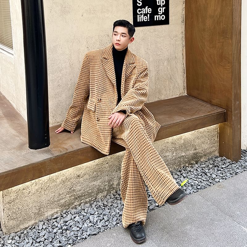 Adothuiastic - Corduroy blazer met dubbele rij knopen en piekrevers / Wijde pantalon met middelhoge taille