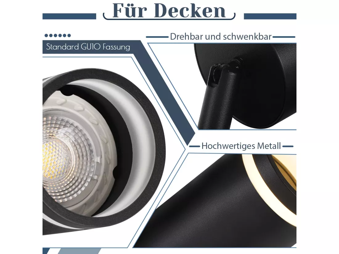 NETTLIFE Plafonnier noir moderne : 3 spots de plafond orientables en métal, plafonnier GU10, pour chambre, salle à manger, sans ampoule