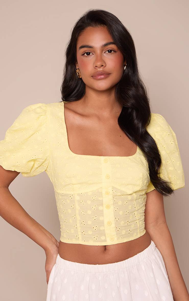 Jaune Haut Citron En Coton Broderie Anglaise À Boutons Et Manches Bouffantes