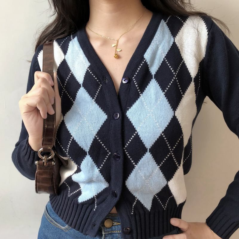 Sinora - V-hals Argyle Cropped Cardigan