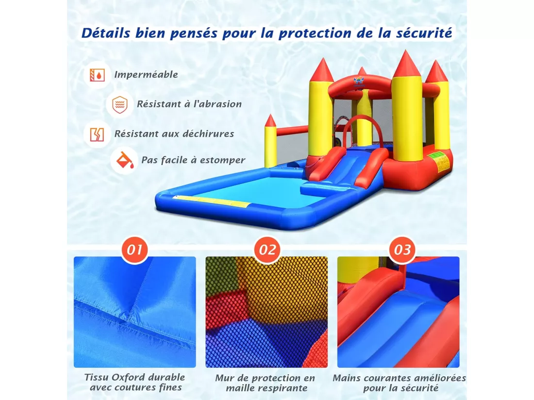 Toboggan Aquatique Gonflable Gonfleur 480W Zone de Saut,Pataugeoire,Piscine à Balles,Panier de Basket-ball,Jeu de Lancer