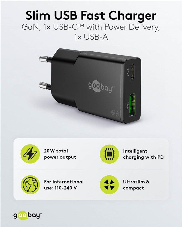 (20W) Slim USB C / USB A GaN Ladegerät Netzteil Power Delivery / Quick Charge (75729) - Schwarz