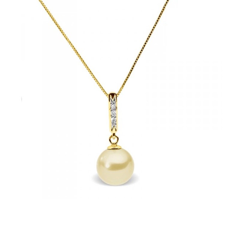 Collier Pendentif Perle de Culture d'eau douce Dorée, Diamants et Or Jaune 375/1000
