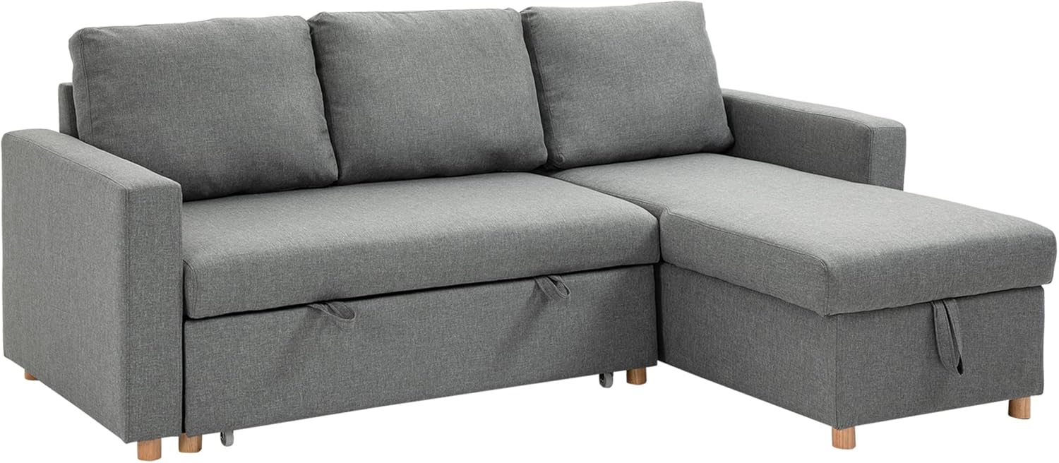 HOMCOM Ecksofa, 3-Sitzer, ausklappbar, Ottomane, wendbar, mit integrierter Aufbewahrungsbox, Füllung aus hochdichtem 24D-Schaumstoff, Polyestergewebe, Leinenoptik, grau