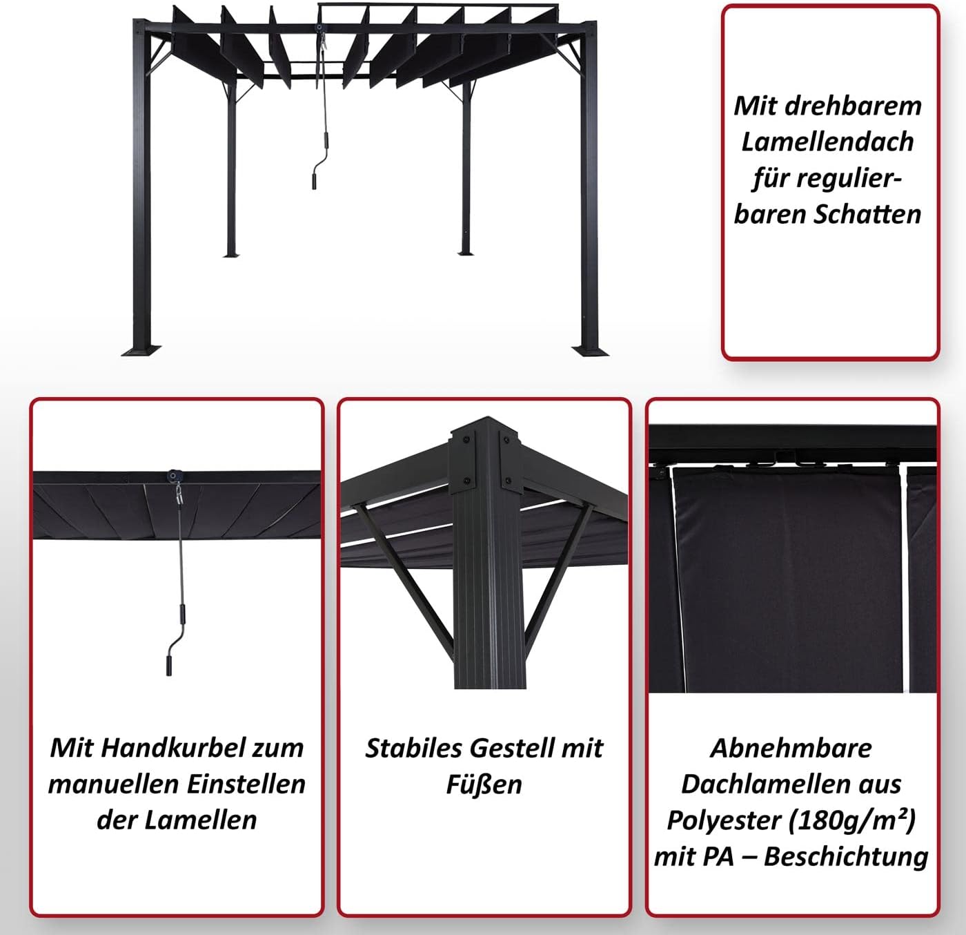 Pergola HWC-L40, Garten Lamellen-Pavillon Terrassenüberdachung, 8cm-Alu-Gestell Stoff/Textil, 3x3m anthrazit