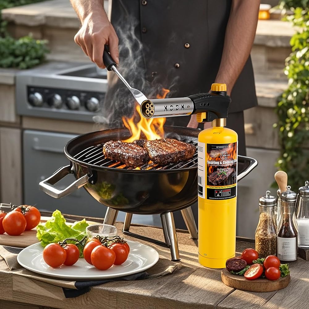 KOOKCOOK Tête de torche au propane, puissante tête de chalumeau à 4 flammes avec allumage, kit de pistolet à gaz MAPP MAP sur support de réservoir de propane de 0,5 kg pour souder, souder, braser, : Bricolage