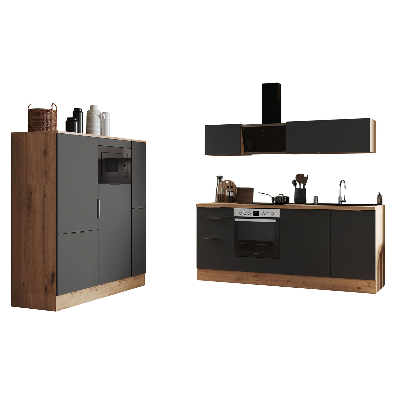 RESPEKTA Küchenblock - grau matt - Artisan Eiche - mit E-Geräten - 370 cm