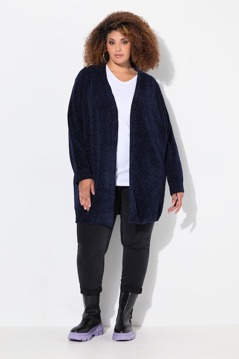 Chenille-Strickjacke, Oversized, V-Ausschnitt, offene Form