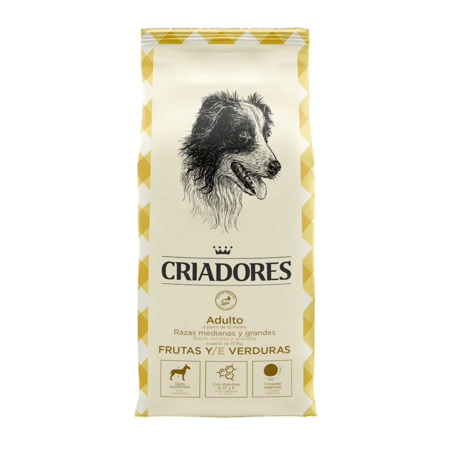 Ração para cães adultos Breeders, com frutas e vegetais, para raças médias e grandes.