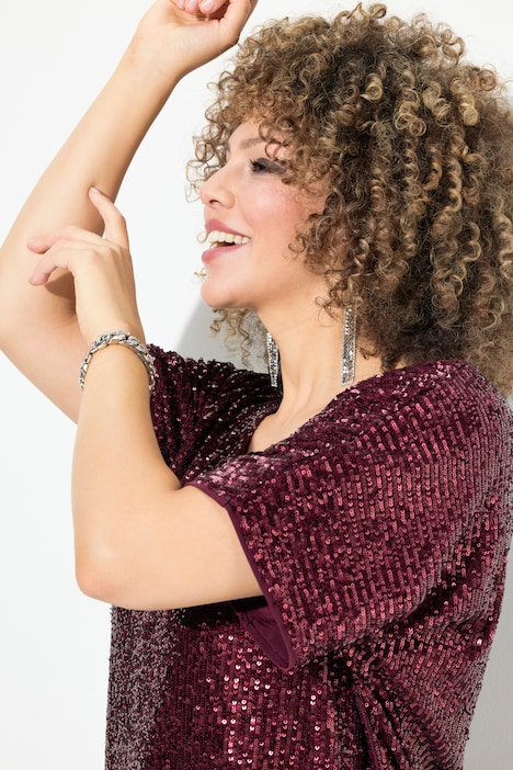 Pailletten-Shirt, Oversized, V-Ausschnitt, Halbarm