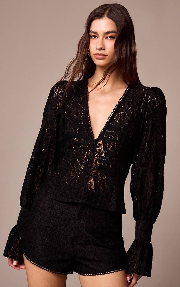 Noir Ensemble Coordonné Short En Dentelle Transparente