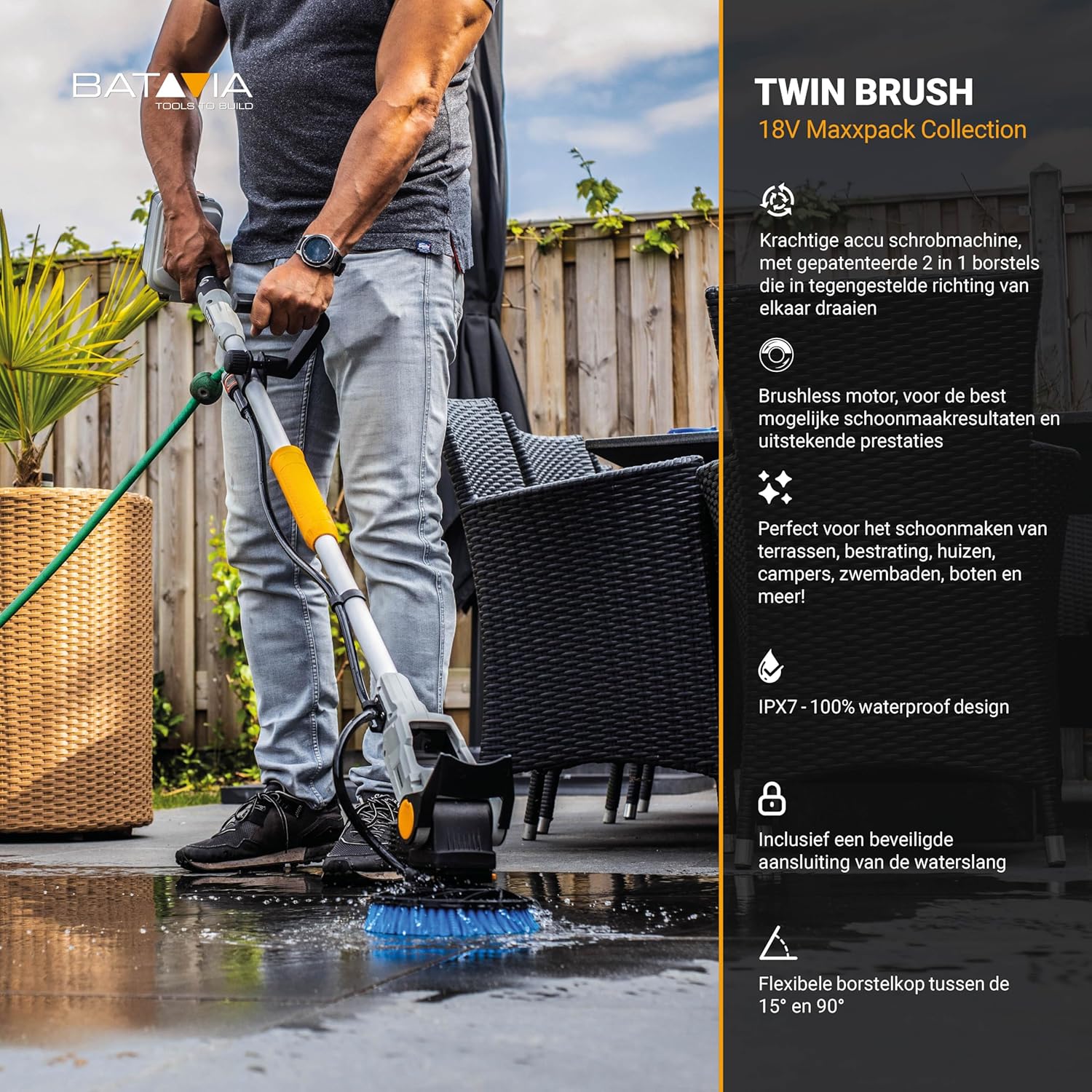 18V Twin Brush - Brushless Akku-Reinigungsbürste - Inkl. 4,0-Ah-Akku und Schnellladegerät + 3 Bürsten und Verlängerungsgriff