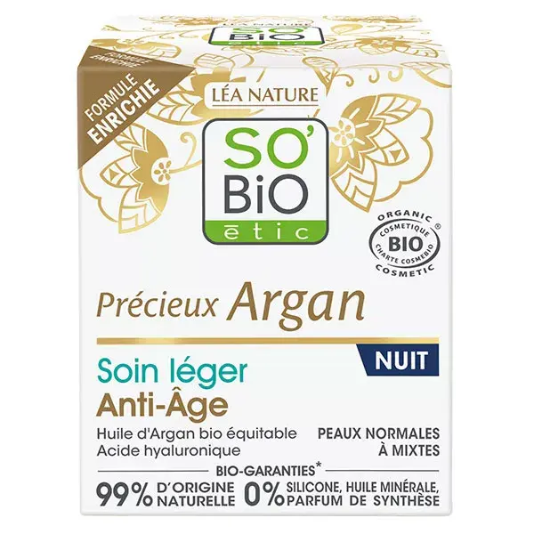 Creme Noturno Antienvelhecimento Leve e Precioso de Argan So'Bio Étic Orgânico 50ml
