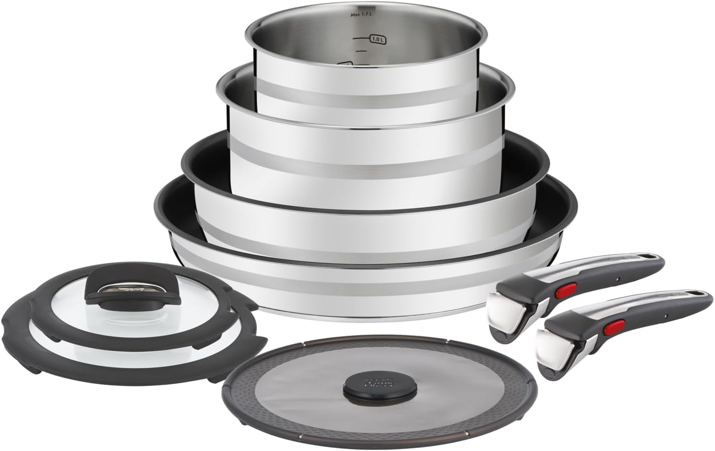 Jamie Oliver by Tefal Ingenio 9-teiliges Topf und Pfannenset abnehmbarer Griff, stapelbar, platzsparend, Topfset Induktion mit Antihaftversiegelung, einfache Handhabung und Reinigung, L97699