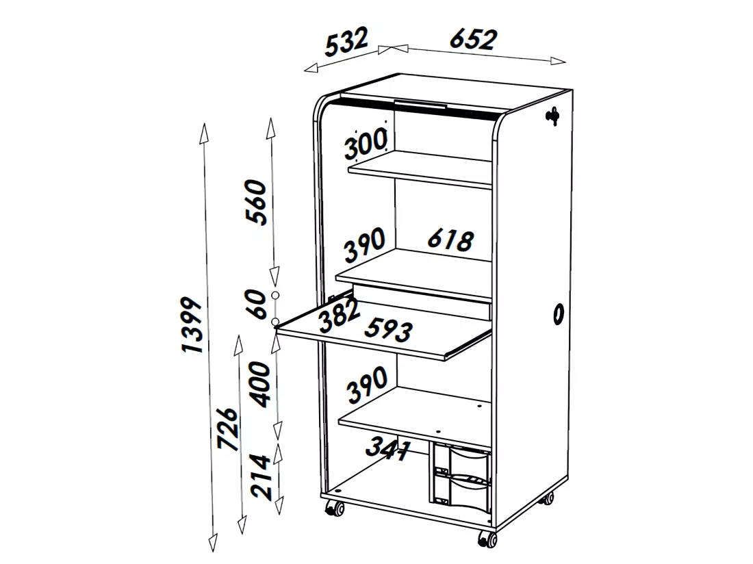Armoire Informatique Mobile Noire 2 Tiroirs 5 Niches - Coloris: Noir