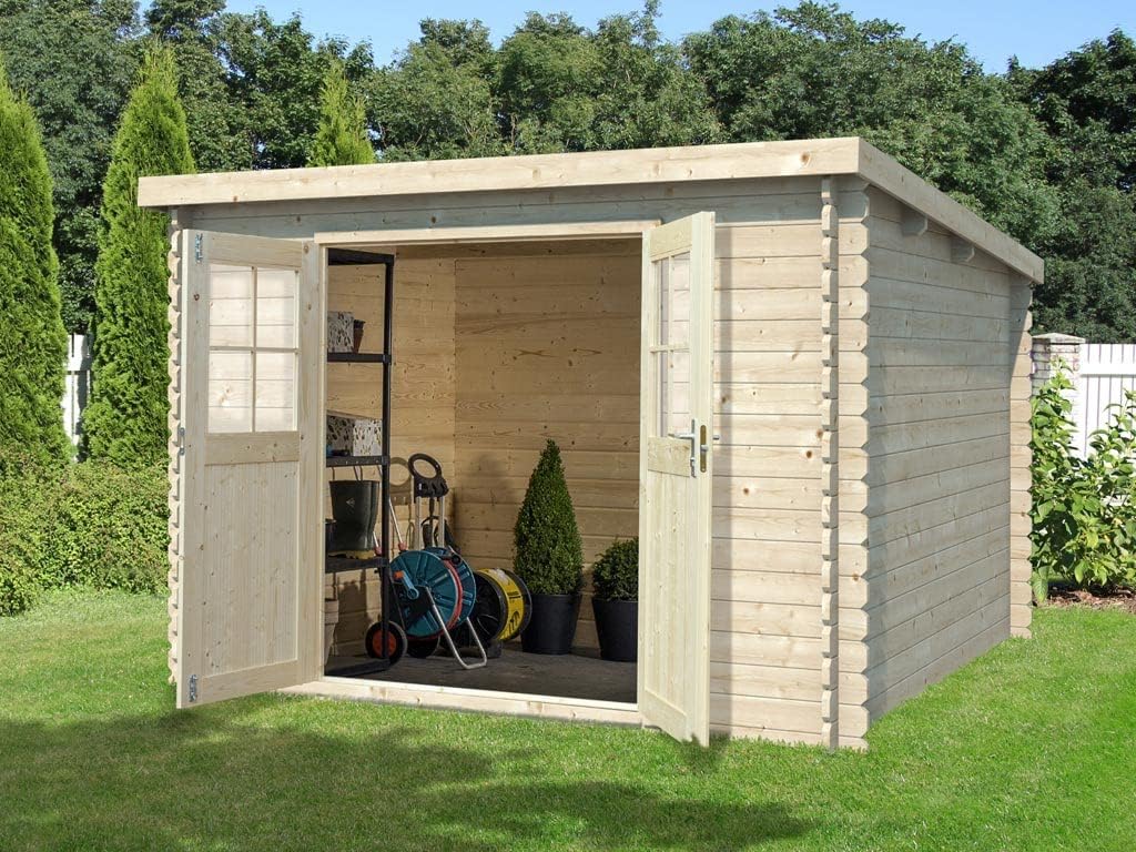 Holz Gartenhaus Blockbohlenhaus CA2975 | Wandstärke 28 mm | Naturbelassen | B x T x H: 298 x 309 x 203 cm | Doppeltür Mit Echtglas