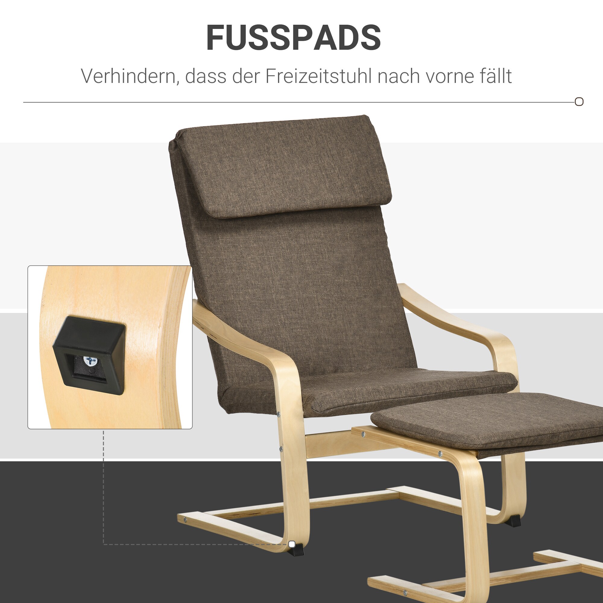 HOMCOM Relaxsessel mit Hocker mit Fußpolster, Kopfpolster und Armlehnen braun 67B x 72T x 100H cm
